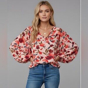 Rose Floral Print Lantern Sleeve Blouse